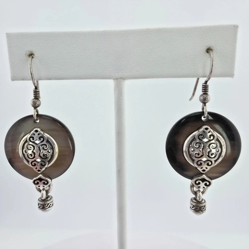BRIGHTON 'Romano Shell' Earrings Mother Of Pearl Dangle Ornate Silver Plate 2